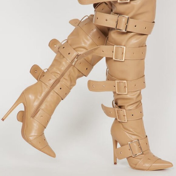 " BUCKLED  UP BABE  "  Over The Knee Heeled Boots - Nude ( BRAND NEW !!!!!! - Picture 1 of 6